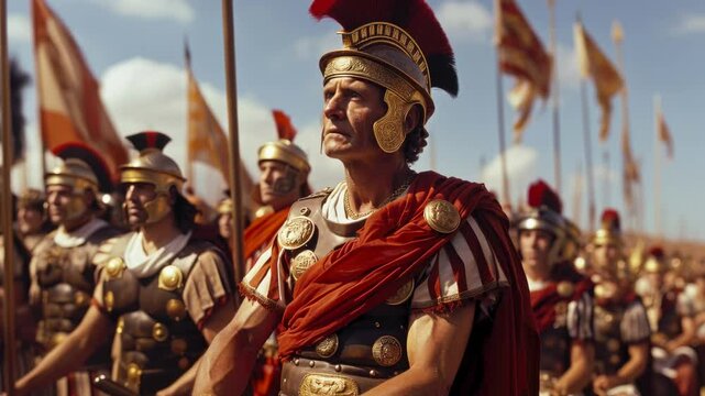 Ancient Roman warlord like Julius Caesar and his army, soldiers and general during military campaign. Concept of warrior, Empire.