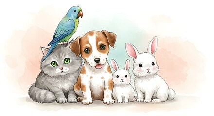 Obraz premium Watercolor Pet Friends – Cat, Dog, Rabbit & Parrot on White Background