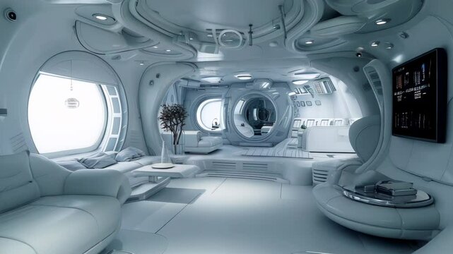 White living room in spaceship, futuristic interior design of starship or home on planet, concept of space, scifi, technology, future.