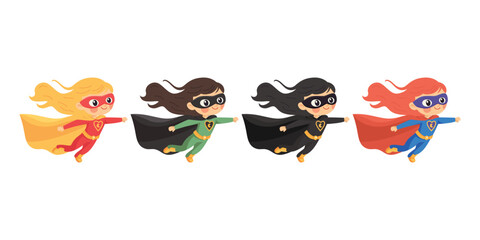 Vector Superhero Girls Flying In Costume. Cute Cartoon Female Characters in Capes and Masks, Vector Illustration Set For Kids Posters, Stickers, Comics, Childrens Books, Hero Concept Art