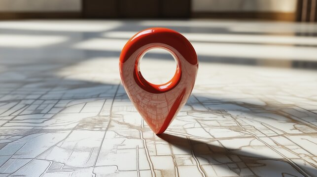 Bright red location marker placed on a map in a well-lit space
