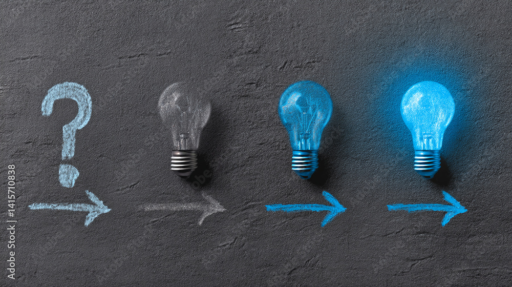 Aufkleber four bulbs on dark surface, progressing from question mark to bright idea, showcasing problem-solvin