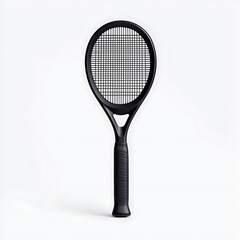 Black Tennis Racket with String Pattern and Grip on White Background