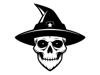 Skull Wearing Witch Hat Silhouette Vector | Spooky Skull SVG Icon for Halloween Crafts & Decorations