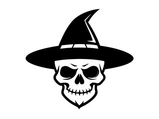 Skull Wearing Witch Hat Silhouette Vector | Spooky Skull SVG Icon for Halloween Crafts & Decorations