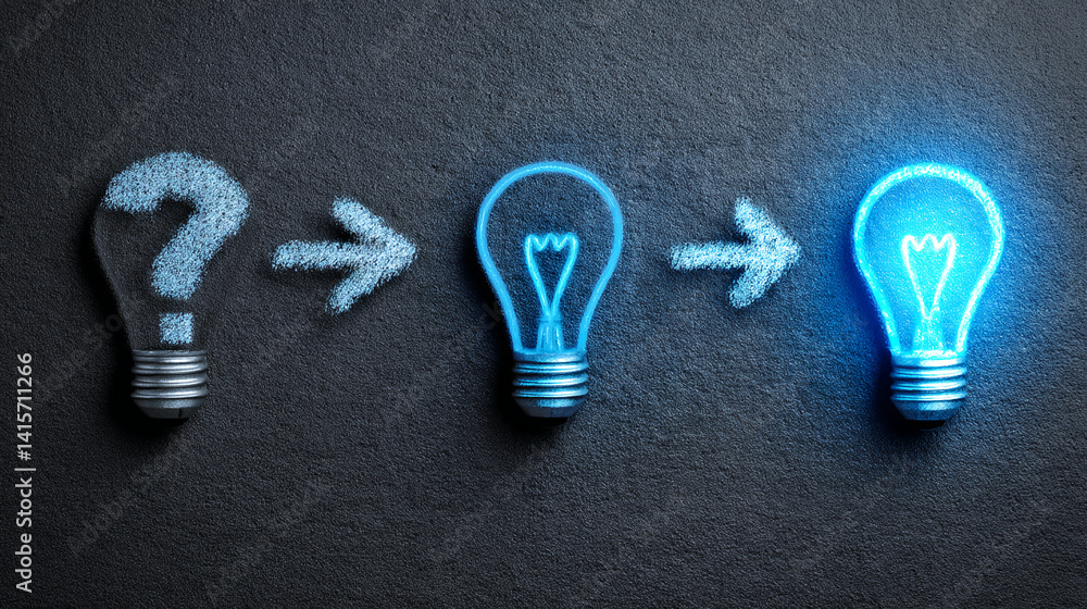 Poster chalk question mark, transitioning lightbulbs on dark background showcasing idea generation process,