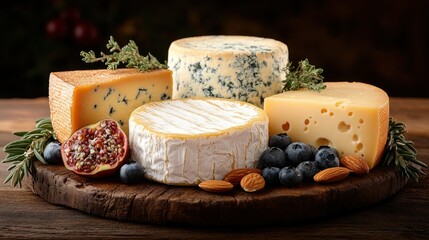 Assorted cheeses, fruits, nuts, and herbs on a wooden board