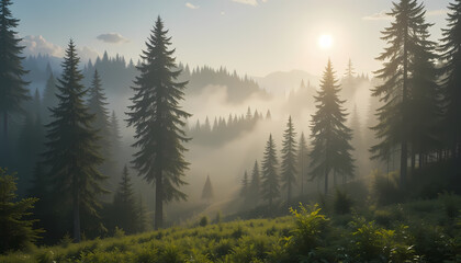 Misty Forest Landscape with Morning Sunlight &ndash; Ultra-Realistic Nature Scene