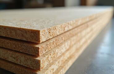 Close-up layered oriented strand board OSB sheets. Stacked moisture-resistant chipboard. Texture of wood panel with rough surface. Building material for construction. Raw carpentry product.