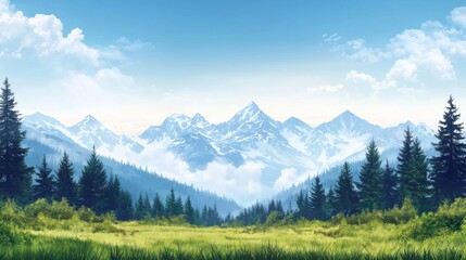 Fototapeta premium a painting of a mountain range with trees and grass in the foreground and a blue sky with clouds in the background