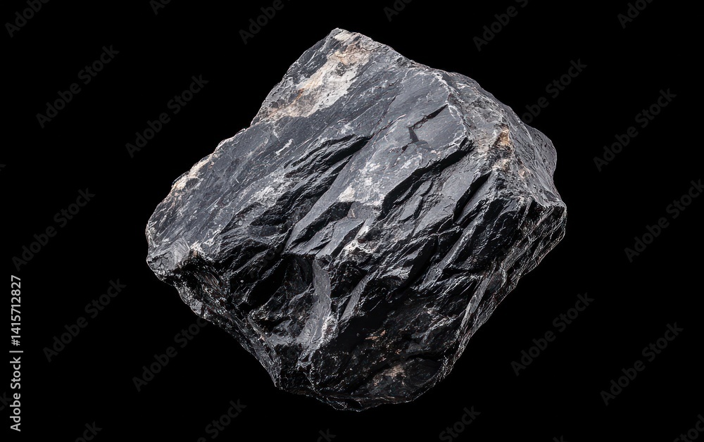 Poster dark gray rock levitating against a stark black background. the rock has a rough texture with subtle