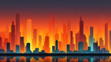 Obraz premium Vibrant city skyline at dusk with colorful skyscrapers reflected on water, capturing urban beauty and modern architecture.