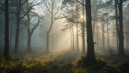 Obraz premium Misty Forest Landscape with Morning Sunlight – Ultra-Realistic Nature Scene