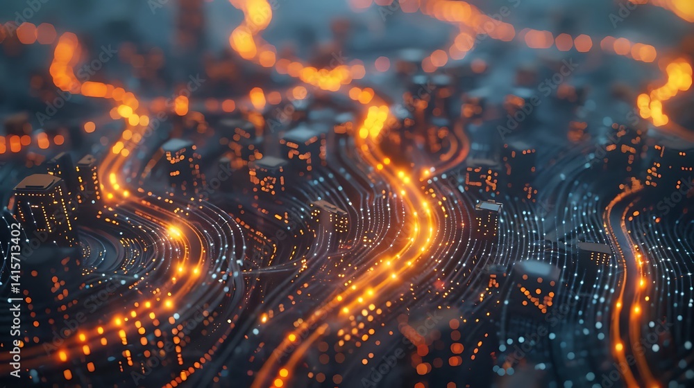 Poster abstract close-up of a dark futuristic circuit board with intricate, glowing orange pathways and nod