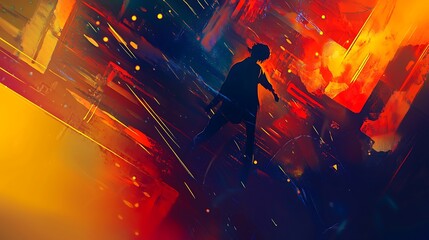 A man is standing in the middle of a city with a bright orange background