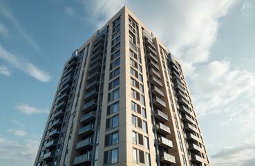 Fototapeta premium Modern high-rise building against blue sky with clouds. New construction with glass windows, balconies in city. Contemporary architecture, urban cityscape, residential apartments, real estate, modern