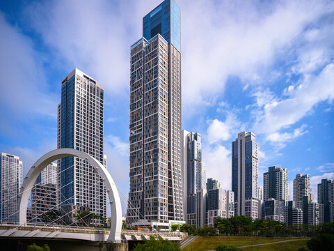 Sejong City, South Korea skyline with high-rising skyscrapers, modern buildings, and an arching bridge over the Geumgang River&mdash;showcasing futuristic design in a smart capital.