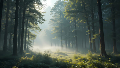 Obraz premium Misty Forest Landscape with Morning Sunlight – Ultra-Realistic Nature Scene