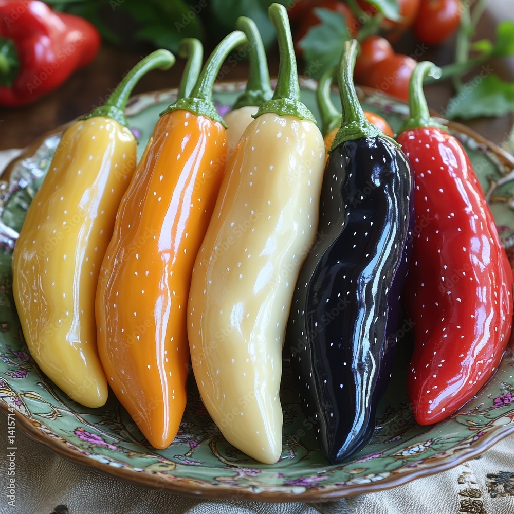 Poster growing colorful peppers from seeds displaying vibrant colors and varieties on a decorative plate in