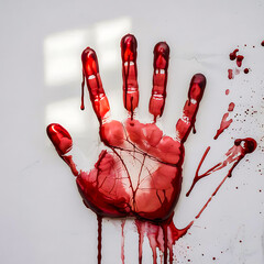 Horror Themed Handprint Photo. Bloody Handprint on White Wall Photo. 