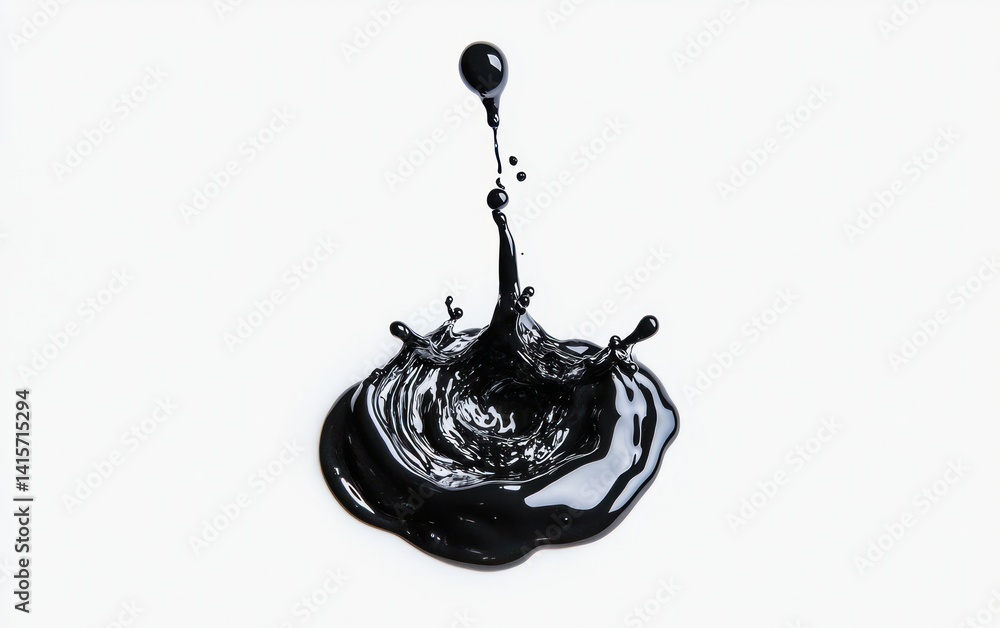 Poster black ink drop impacting water, creating a crown splash against a stark white background. the image 