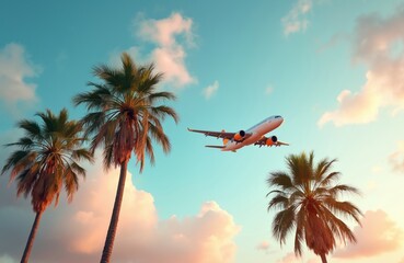 Airplane flying over tropical palm trees against pastel sky. Concept tourism travel vacation holiday. Summer vacation trip paradise destination. Travel industry airlines, journey, get away.