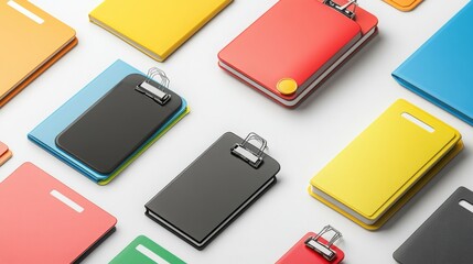 White background showcasing an isolated set of office badges and notepads.