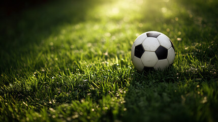 Fototapeta premium Soccer ball rests on green grass, sunlight illuminating scene. Represents sport, leisure, and outdoor activity