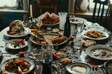 A messy table with uneaten food and dirty dishes after a meal, A visual representation of spoiled meals left uneaten on a table