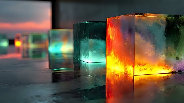 Futuristic metallic cubes with glitch effects breaking down in a neon-lit virtual space, conveying tech failure and viewer drop, vibrant lighting setup - Powered by Adobe