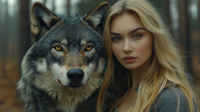 Woman and wolf in forest portrait