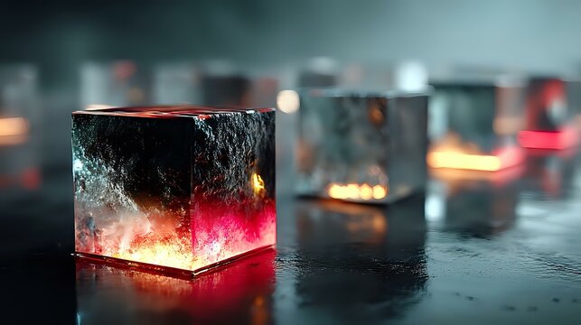 Futuristic metallic cubes with glitch effects breaking down in a neon-lit virtual space, conveying tech failure and viewer drop, vibrant lighting setup