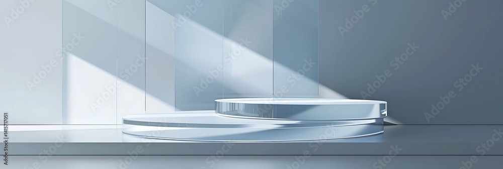 Poster empty clear glass cylinder podium stage for product display, illuminated by diagonal light beams cas