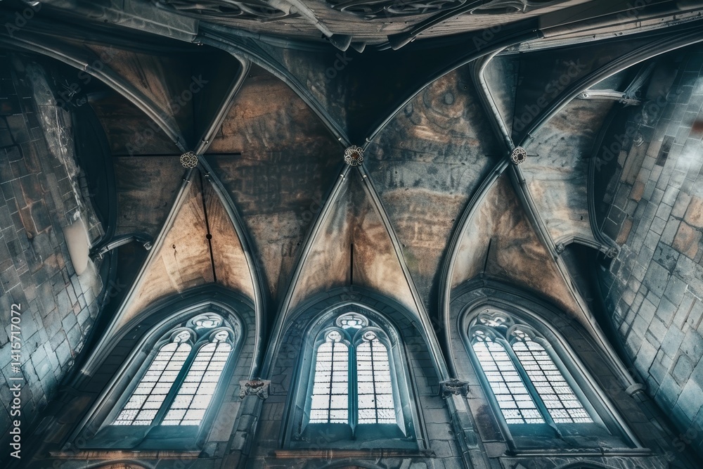 Poster a view of a vaulted ceiling and windows in a gothic church, showcasing the symmetry and balance of t