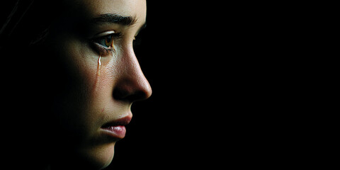 Close-up profile of young woman crying, tear rolling down cheek against black background, conveying sadness and emotional pain