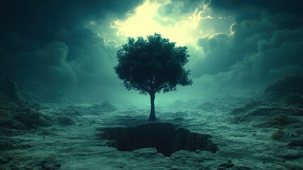A lone tree stands on dry earth beneath swirling clouds at twilight
