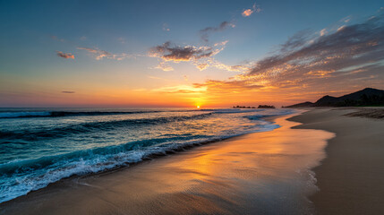 Fototapeta premium Sunset over ocean waves gently lapping sandy beach, creating a tranquil, serene scene, showcasing nature's beauty and peaceful atmosphere ideal for travel or vacation concepts
