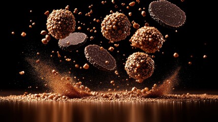 Chocolate treats hover elegantly over a dusting of crushed sweets