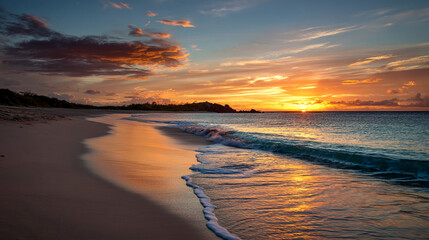 Fototapeta premium Sandy beach at sunset, ocean waves gently lapping shore, orange and gold sky, serene and tranquil scene, evokes peace and calm