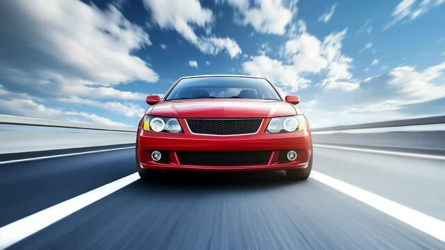 Front view on a driving red car on empty highway with blue sky 