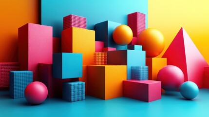Vibrant shapes tower playfully, highlighting fun dimensions and textures