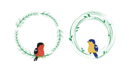  Set of a bird sitting on a branch. Round frame, plant border. National Bird Day. Background for postcard, banner, place for text, holiday background.