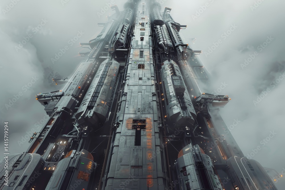 Poster a low-angle view of a futuristic skyscraper with robotic arms reaching towards the sky, a futuristic