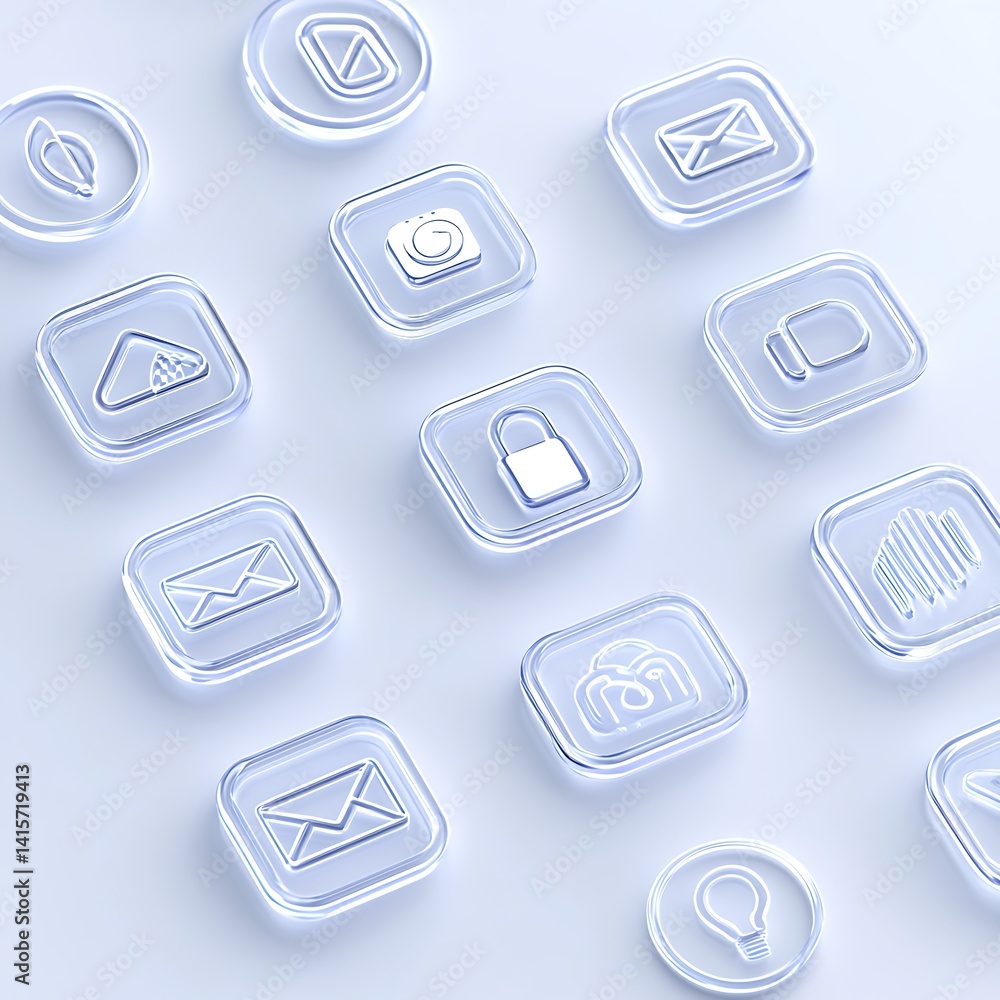 Poster collection of glossy icons with various symbols on soft background for digital designs