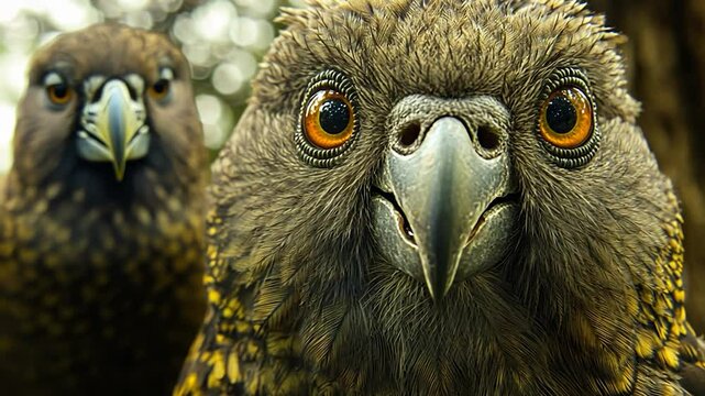 Close-up of two curious kakapo birds in a forest setting
