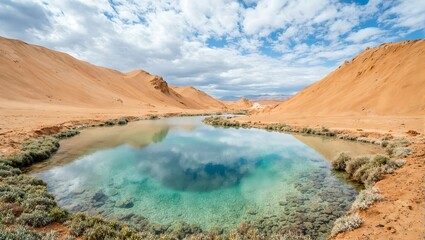 Discover a tranquil desert oasis with clear water surrounded by sculpted dunes and vibrant plants under a dramatic sky