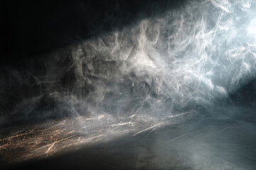 Fototapeta premium Dark background with gray smoke and a scratched metallic surface below, showcasing a mysterious and dramatic mood, ideal for product display or design projects