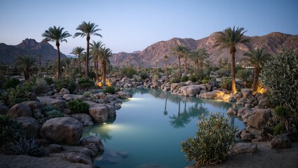 Tranquil desert oasis at dusk serene water reflecting soft light surrounded by sturdy palms and desert plants
