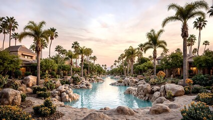 Tranquil desert oasis with lush palms blooming cacti and a peaceful pool reflecting pastel skies at dawn