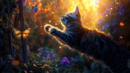 A playful cat with various fur colors jumping from a fence to catch a butterfly in a vibrant garden.